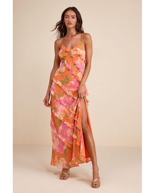 Lulus Orange Zarina Multi Floral Ruffled Maxi Dress