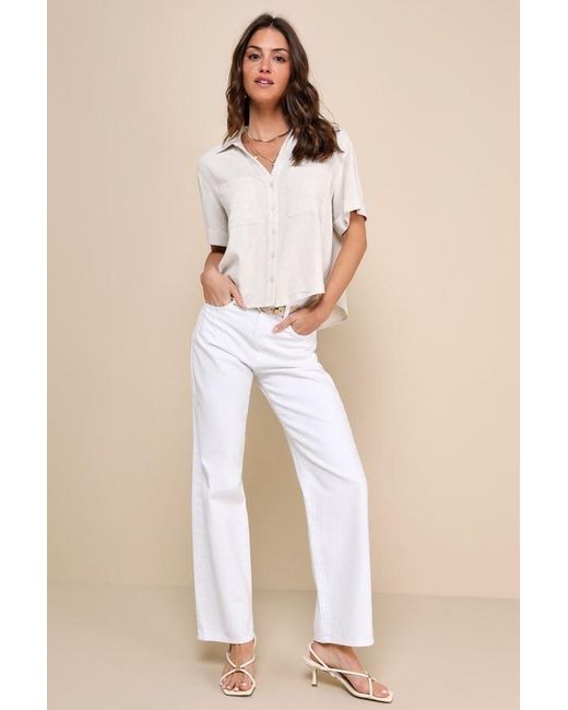 Lulus Natural Summer Escapades Linen Collared Button-Up Top