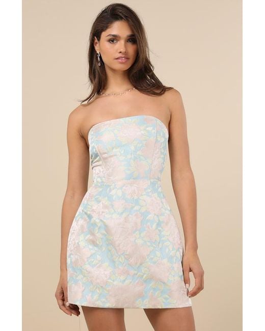 aesthetic pose slate blue and gold jacquard strapless mini dress Aesthetic Pose Slate Blue And Gold Jacquard Strapless Mini Dress