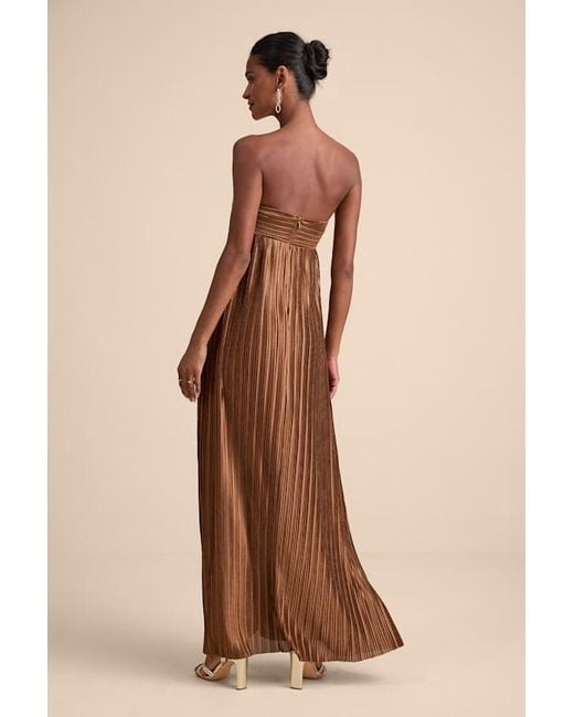 Lulus Brown Whimsical Beauty Satin Plisse Strapless Maxi Dress