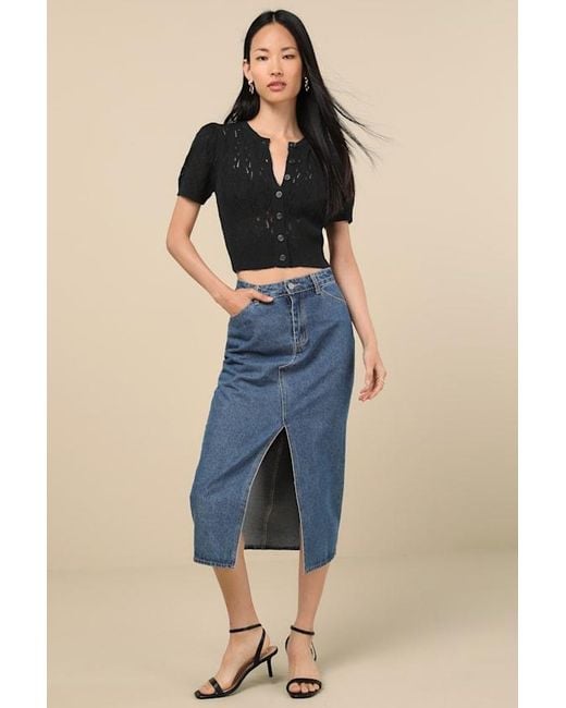 Lulus Black Annetta Pointelle Knit Button-Front Crop Top