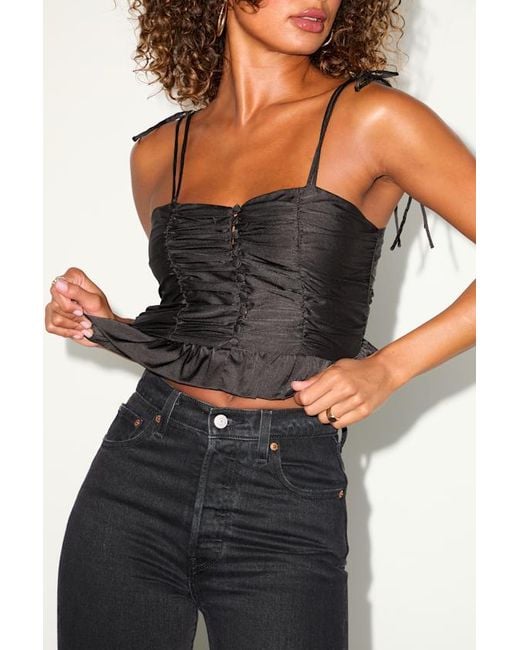 Lulus Black Elliena Satin Ruched Tie-Strap Peplum Crop Top