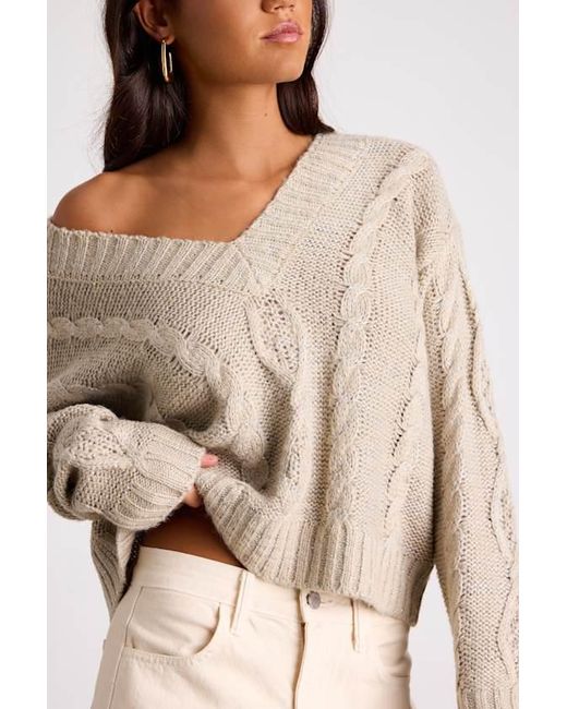 Lulus Natural Ewan Sequin Cable Knit V-Neck Sweater