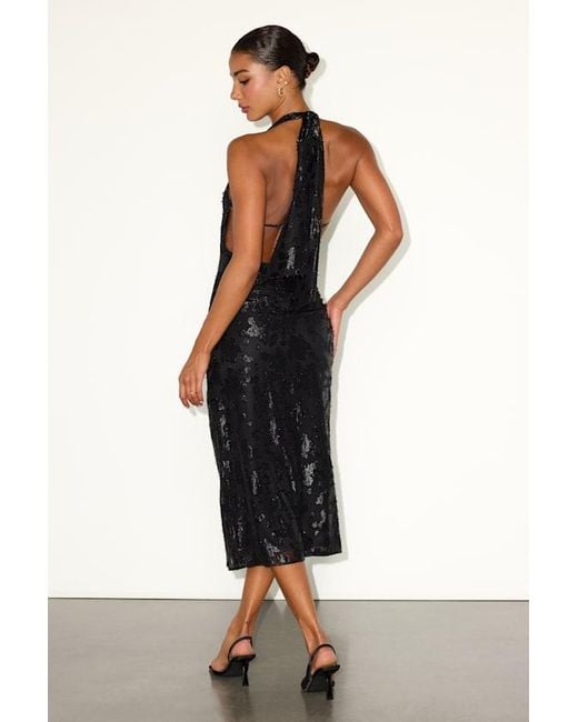 Lulus Black Rosaria Burnout Lurex Backless Halter Midi Dress
