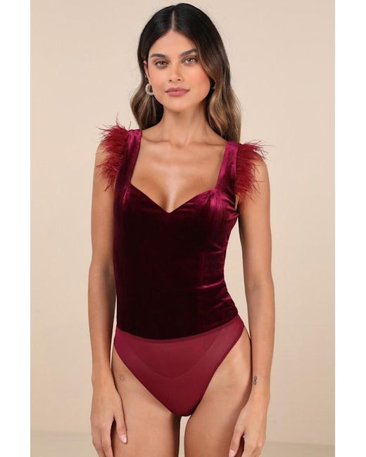 Lulus Black Fabulous Vibe Plum Velvet Feather Sleeveless Bodysuit