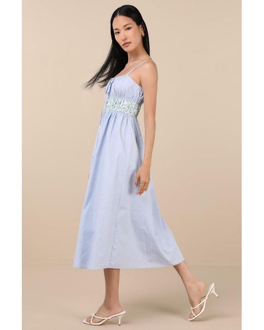 Lulus Blue Shereen Striped And Floral Sleeveless Poplin Midi Dress