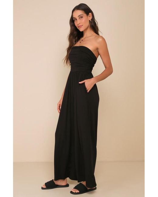 Lush Black Flirty Posture Jersey Knit Strapless Jumpsuit