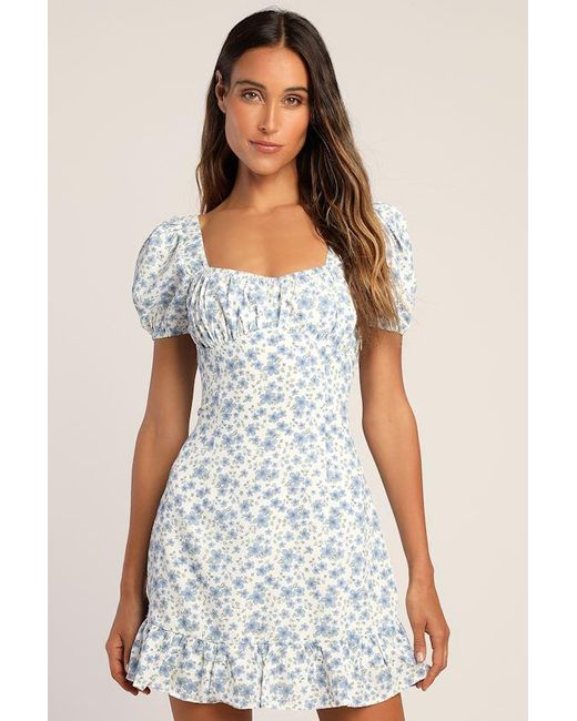 Lush White Botanical Blooms Floral Puff Sleeve Lace-Up Mini Dress