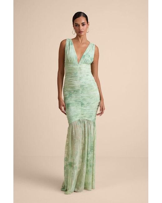 Lulus Green Jamie Floral Mesh Sheer Hem Maxi Dress