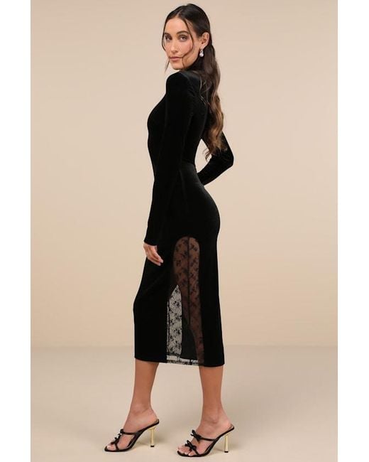 Lulus Black Eloquent Drama Velvet Mock Neck Midi Dress