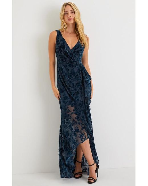 Lulus Blue Enchanting Impression Floral Velvet Ruffled Maxi Dress