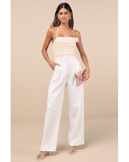 Lulus Natural Elyas Cream Mesh Ruched Rosette Backless Bodysuit