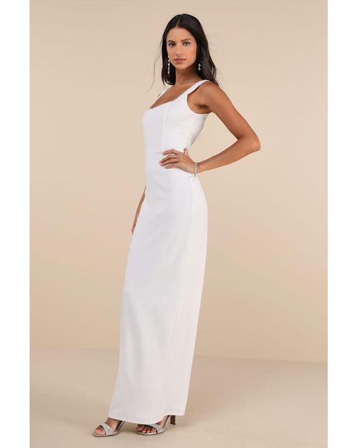 Lulus Natural Timeless Poise Rhinestone Square Neck Backless Maxi Dress