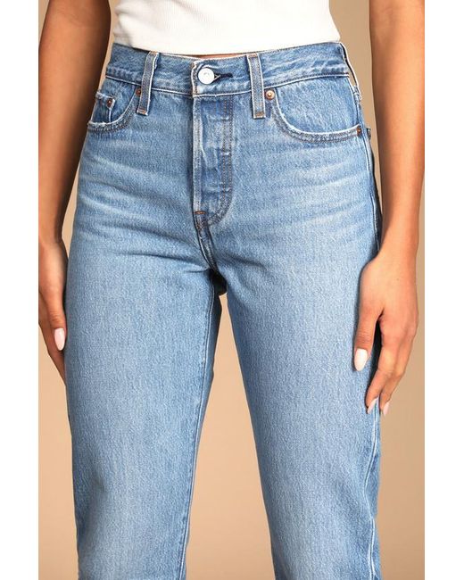 Levi's Blue Wedgie Straight Medium Wash High-Rise Distressed Cropped Jeans