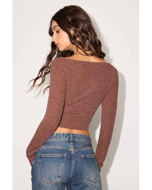 Lulus Brown Elidah Heathered Knit Ruched Long Sleeve Crop Top