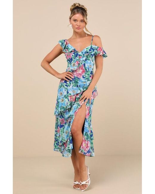 Lulus Blue Cosima Floral Asymmetrical Midi Dress