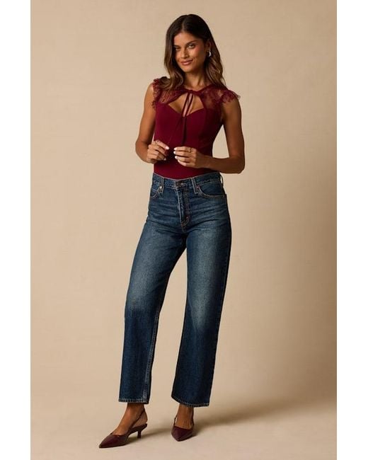 Lulus Red Coveted Crush Lace Tie-Neck Bodysuit