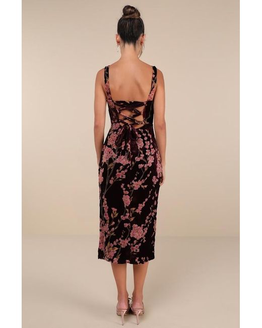 Lulus Natural Romantic Stunner Plum Floral Burnout Velvet Lace-Up Dress
