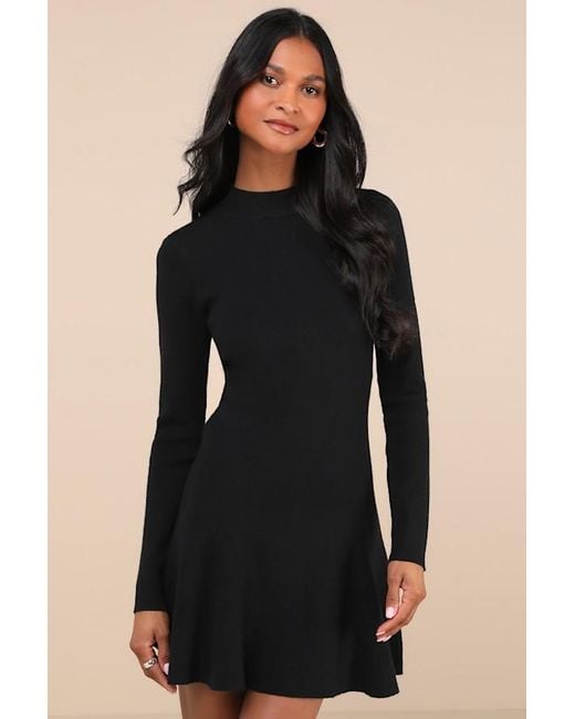 Lulus Black Adorable Intentions Mock Neck A-Line Mini Sweater Dress