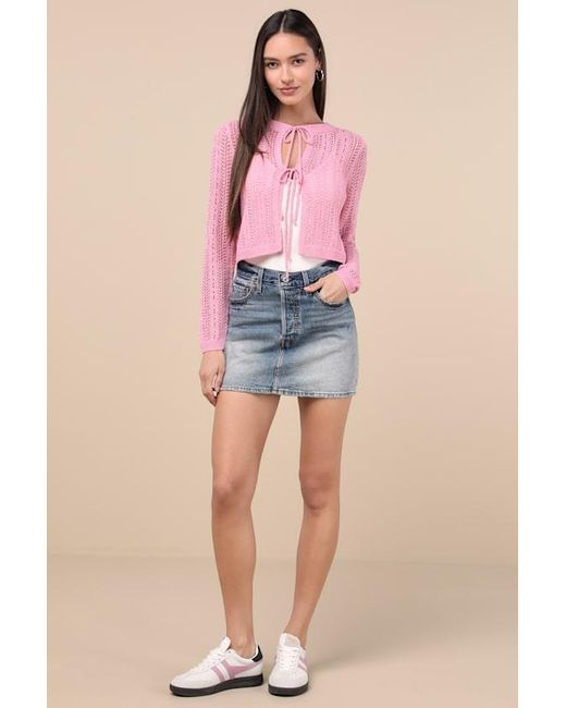 Lulus Pink Alwilda Pointelle Knit Tie-Front Cardigan Sweater Top