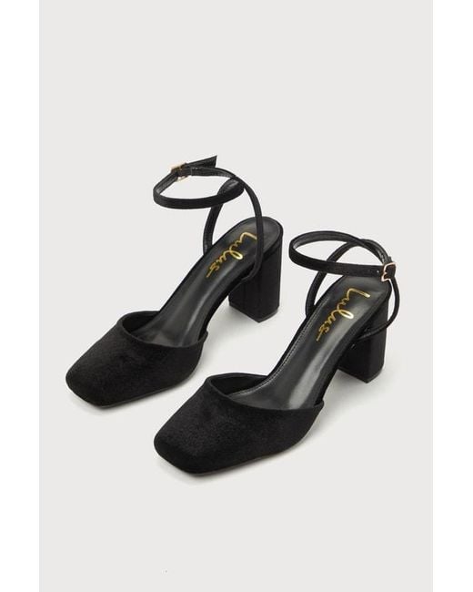Lulus Black Izzori Velvet Square Toe Ankle Strap Heels