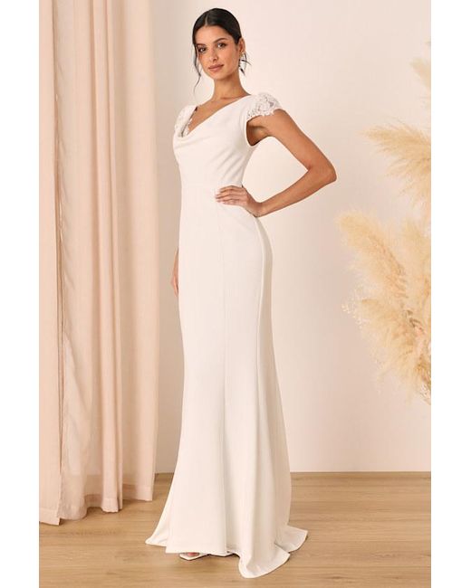 Lulus Natural Forever Beloved Lace Cap Sleeve Mermaid Maxi Dress