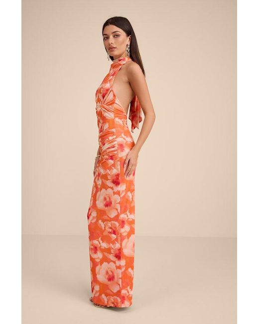 Lulus Orange Frona Floral Mesh Backless Maxi Dress