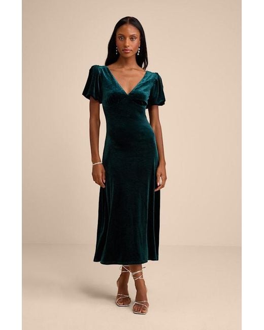 Lulus Black Obrissa Emerald Velvet Puff Sleeve Tie-Back Midi Dress