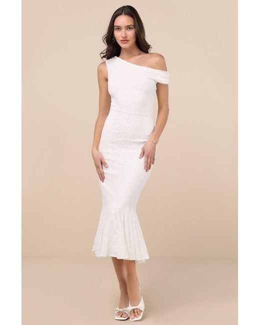 Lulus Natural Nadie Lace Asymmetrical Midi Dress