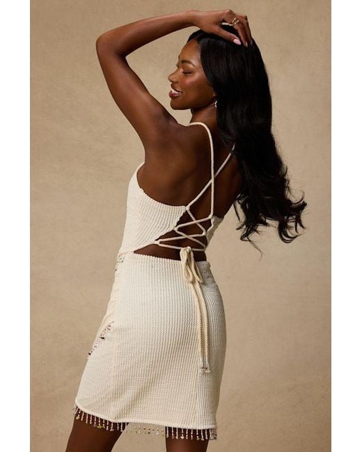 Lulus Natural Prima Knit Beaded Lace-Up Mini Dress
