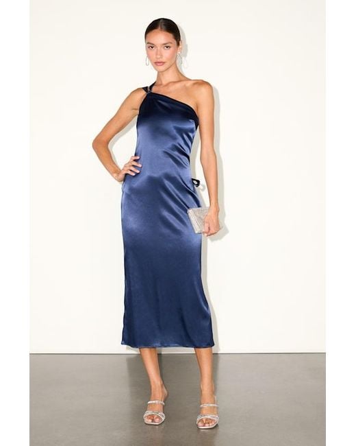 Lulus Blue Yvonne Satin One-Shoulder Midi Dress