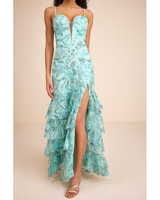 Lulus Blue Angele Sequin Embroidered Tiered Maxi Dress