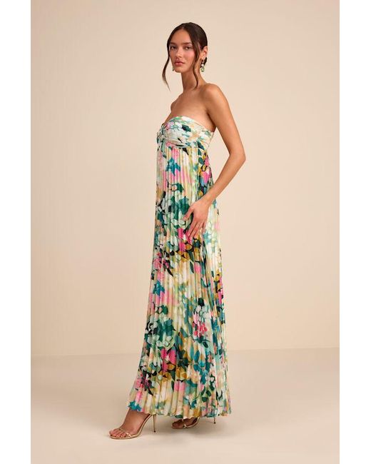 Lulus Blue Whimsical Beauty Multi Floral Satin Plisse Strapless Maxi Dress
