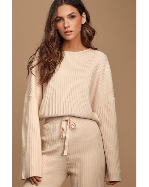 Lulus Natural Snuggly Style Cream Ribbed Knit Cropped Sweater