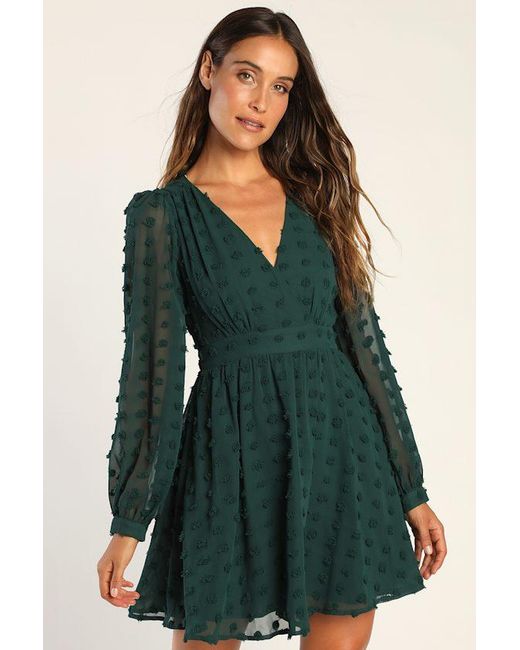 Lulus Green Always On Repeat Clip Dot Long Sleeve Mini Dress
