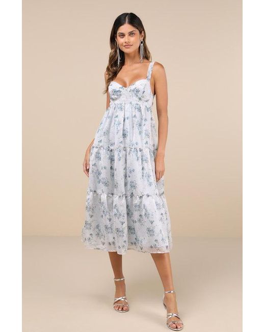Lulus Blue Marvelously Darling Floral Tiered Backless Midi Dress