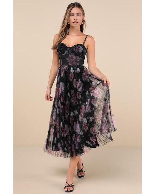 Lulus Black Alluring Invite Floral Pleated Bustier Midi Dress