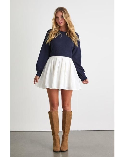Lulus Blue Contemporary Comfort Layered Pleated Sweater Mini Dress