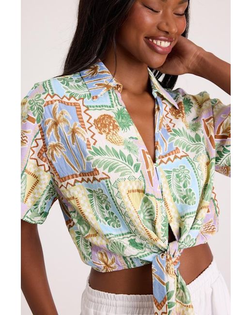 Lulus Yellow Kaliyah Multi Tropical Print Tie-Front Collared Top