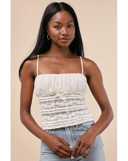 Lulus White Malvina Cream Mesh Sheer Lace Cami Top