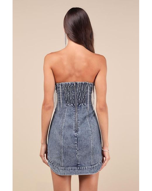 Lulus Blue Dazzling Vibes Medium Wash Rhinestone Strapless Denim Mini Dress