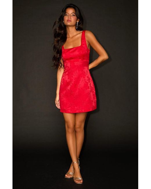 Lulus Red Perfectly Flirtatious Floral Jacquard Tie-Back Mini Dress