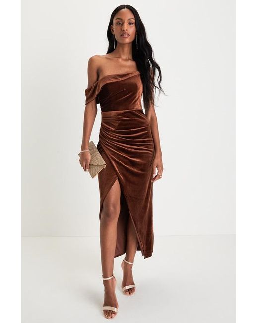 Lulus Red Showing Off A Little Velvet Asymmetrical Tulip Midi Dress