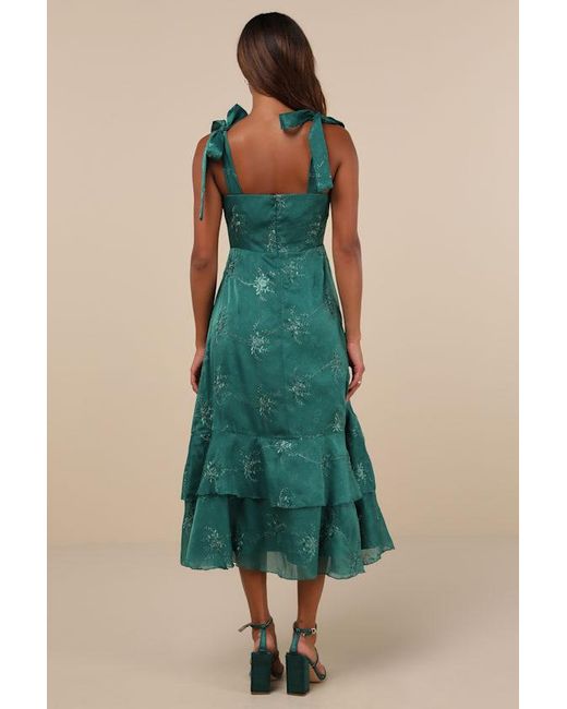 Lulus Green Elegant Direction Embroidered Ruffled Tie-Strap Midi Dress