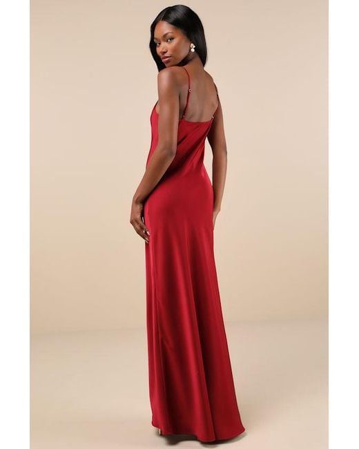 Lulus Red Truly A Beauty Wine Satin Cowl Neck Side Button Maxi Dress