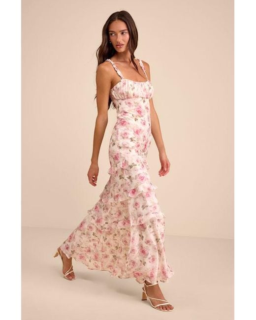 Lulus Natural Remiette Cream Floral Ruffled Empire Waist Maxi Dress