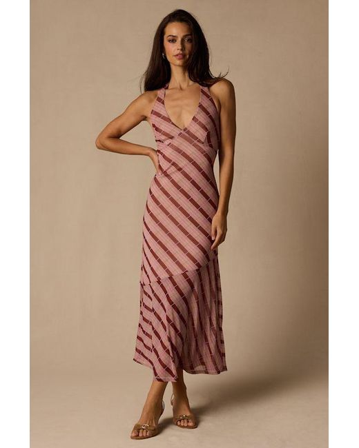 Lulus Brown Rachel Multi Plaid Mesh Halter Midi Dress