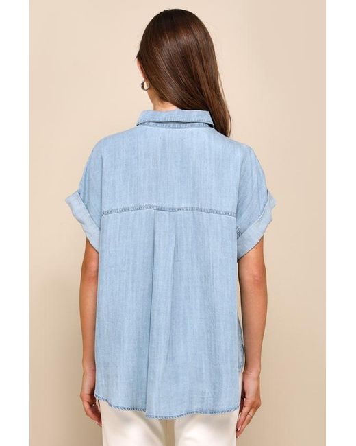 Lulus Blue Consistently Confident Chambray Collared Button-Up Top