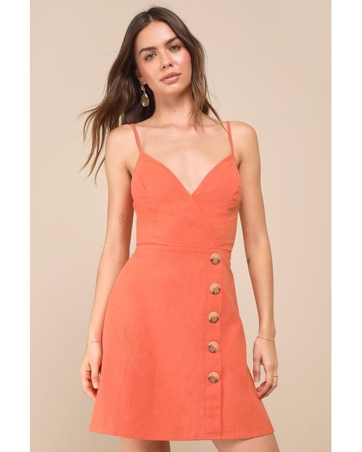 Lulus Orange Sweet Breeze Surplice Button-Front Mini Dress