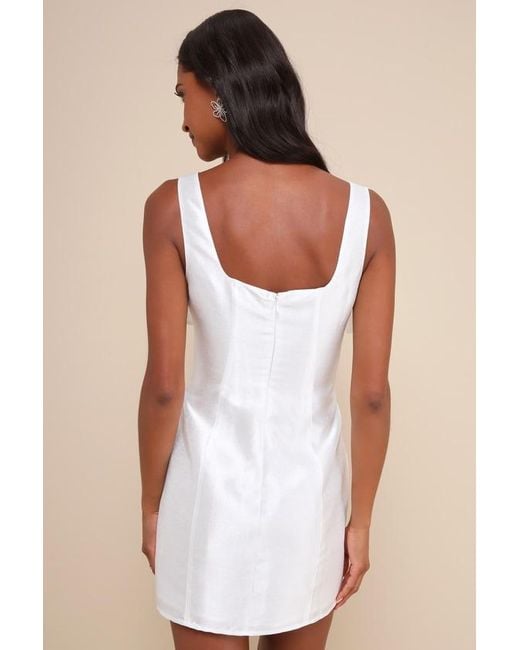 Lulus White Exceptionally Precious Shiny Ribbon Bow Mini Dress